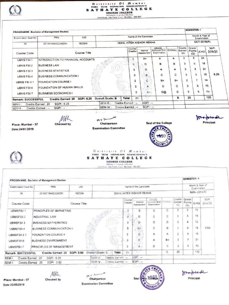 BMS Semester Results Summary | PDF