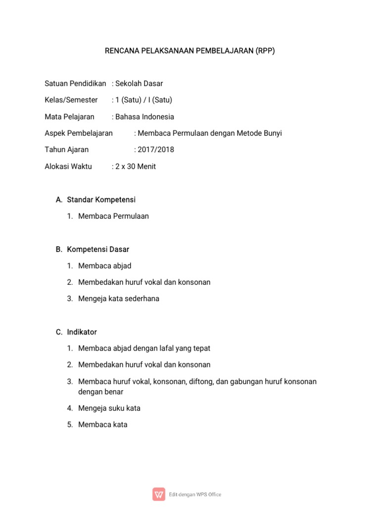 RPP Membaca Permulaan Kelas 1 SD | PDF