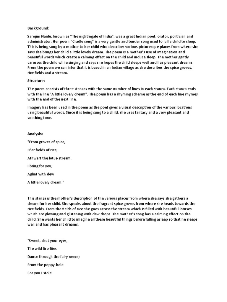 In 'Cradle Song' Sarojini Naidu Describes the Sweet Melody of Indian