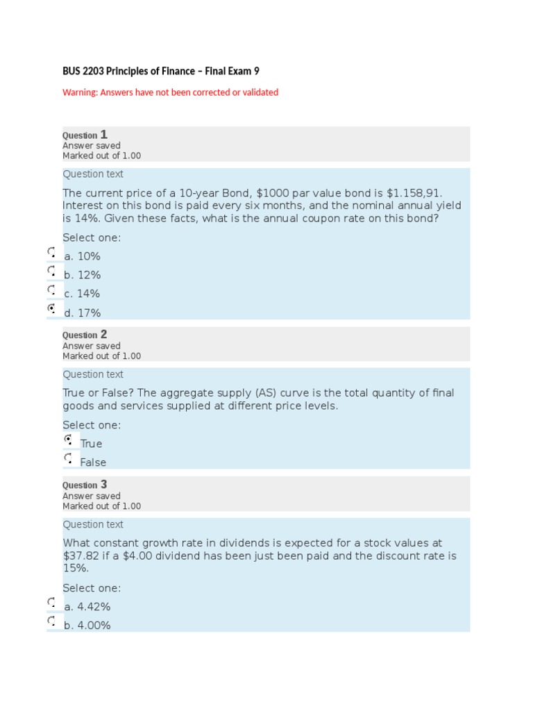 BUS 2203 Principles of Finance - Final Exam 9: Question Text | PDF ...