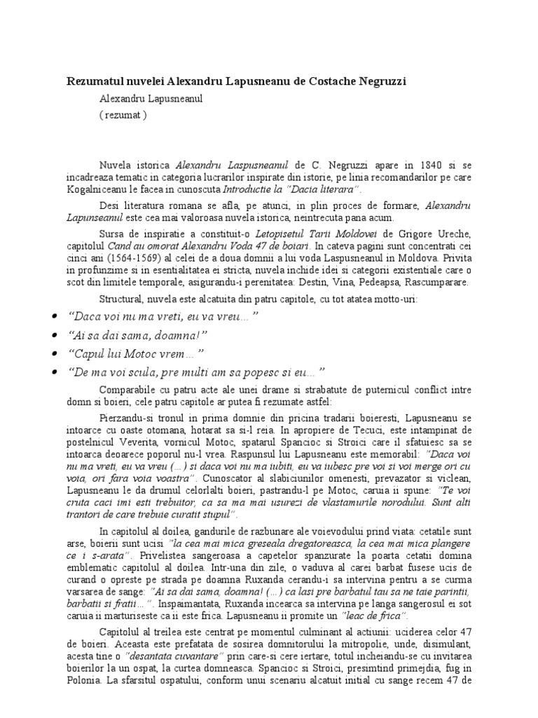 Alexandru Lapusneanu De Costache Negruzzi Rezumat Rezumatul Nuvelei Alexandru Lapusneanu de Costache Negruzzi | PDF