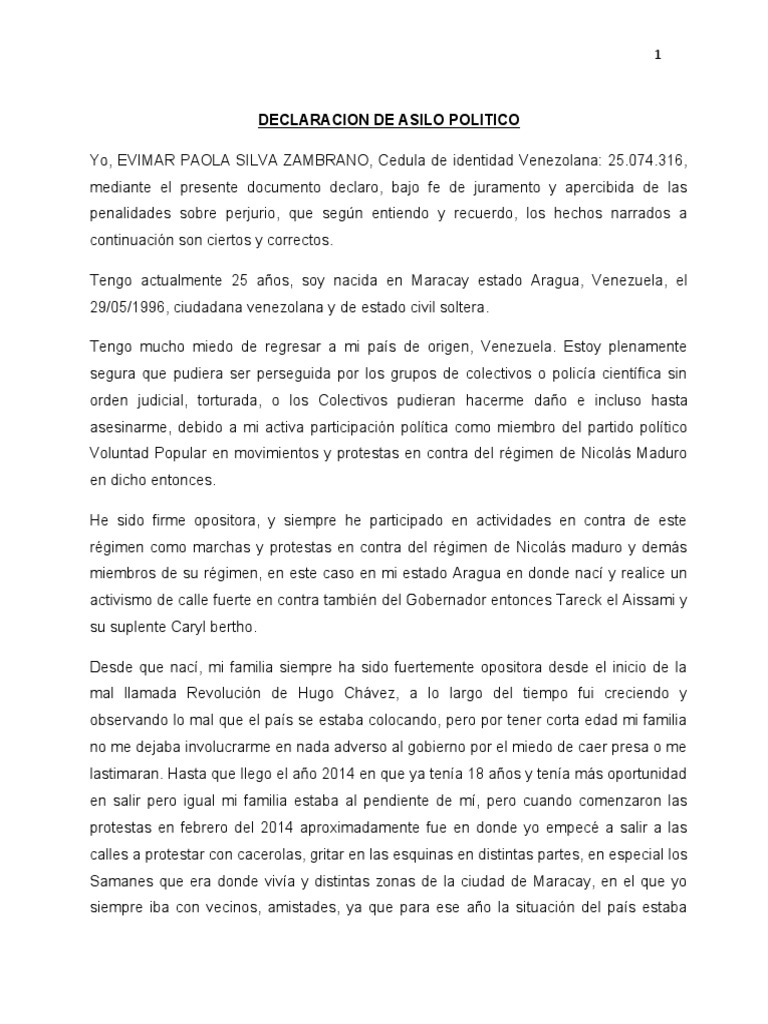 Declaracion de Asilo Evimar Silva | PDF | Venezuela