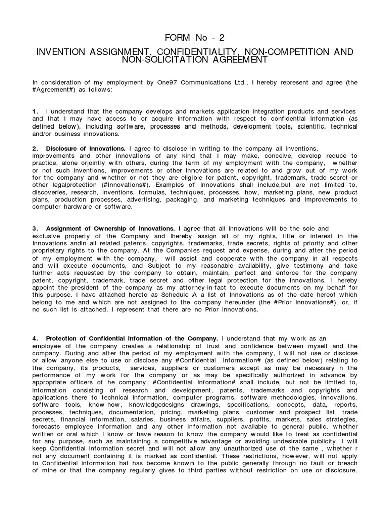 Form No 2 Invention Assignment, Confidentiality, and