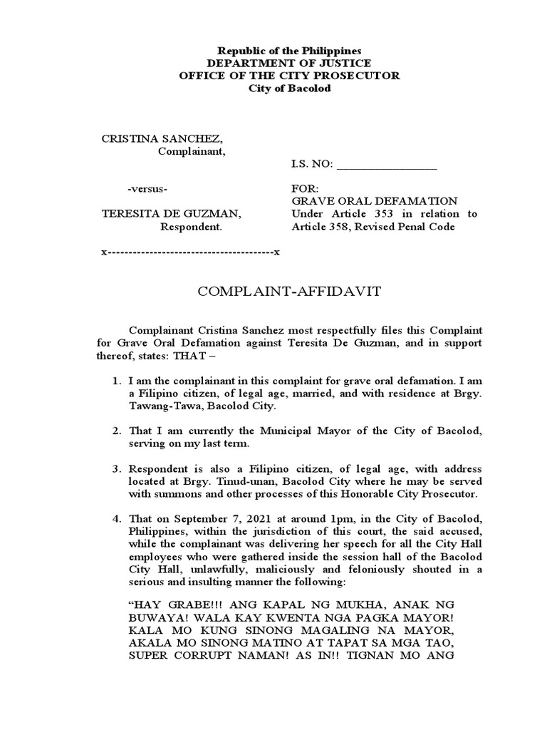 Complaint for Grave Oral Defamation | PDF | Defamation | Public Law