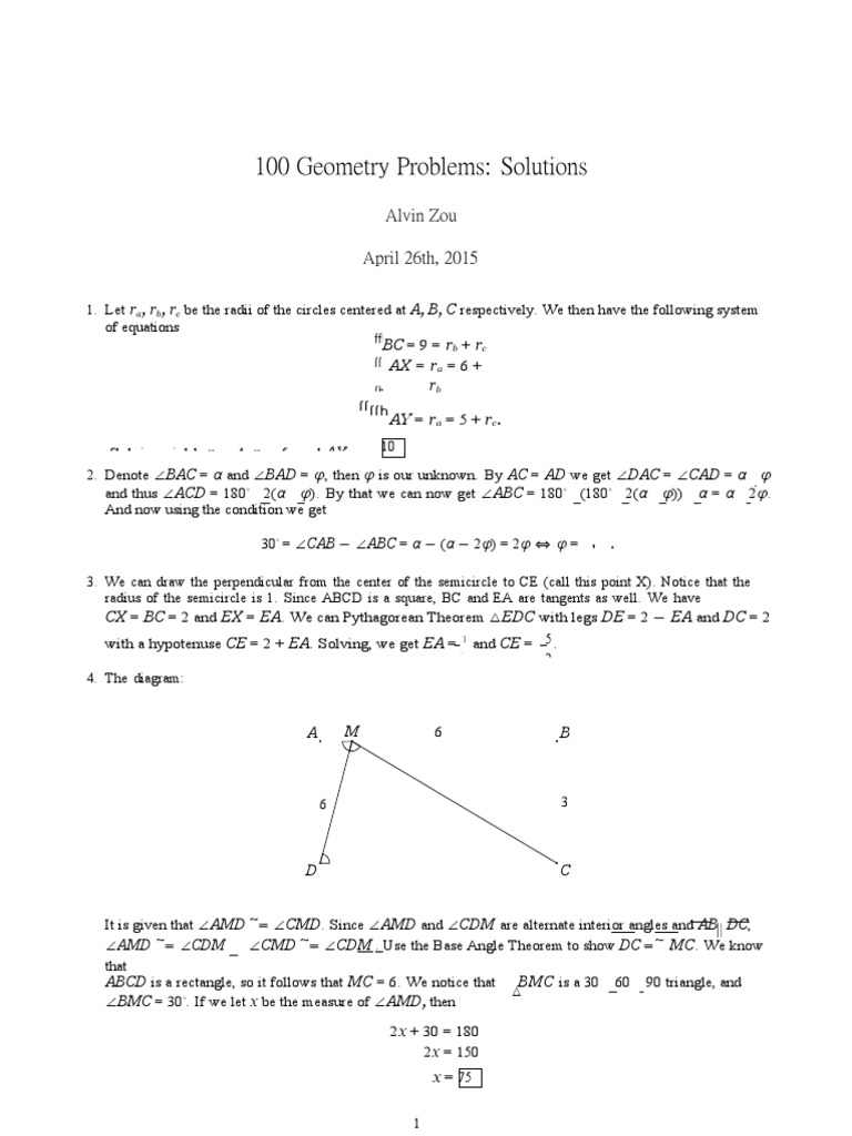 100 Geometry Problems Solutions Alvin Zou April 26th, 2015 PDF