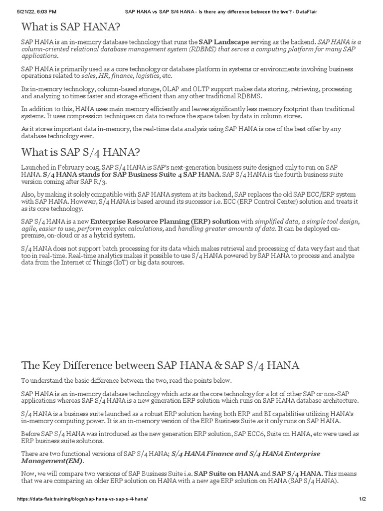 SAP HANA vs S/4 HANA Explained | PDF | Enterprise Resource Planning ...