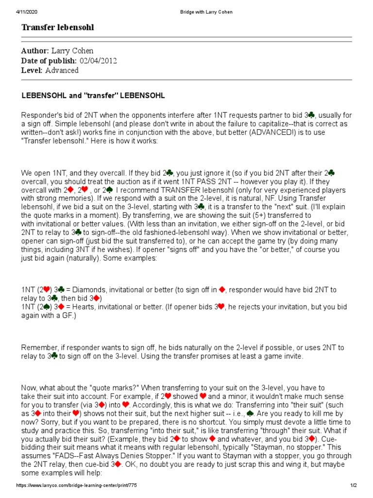 Transfer lebensohl larry cohen pdf contract bridge