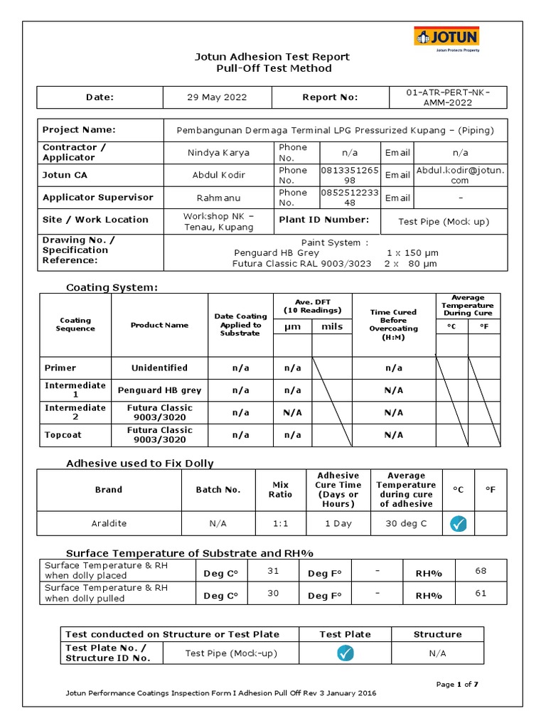 Jotun Adhesion Test Report Pull-Off Test Results | PDF | Abrasive ...