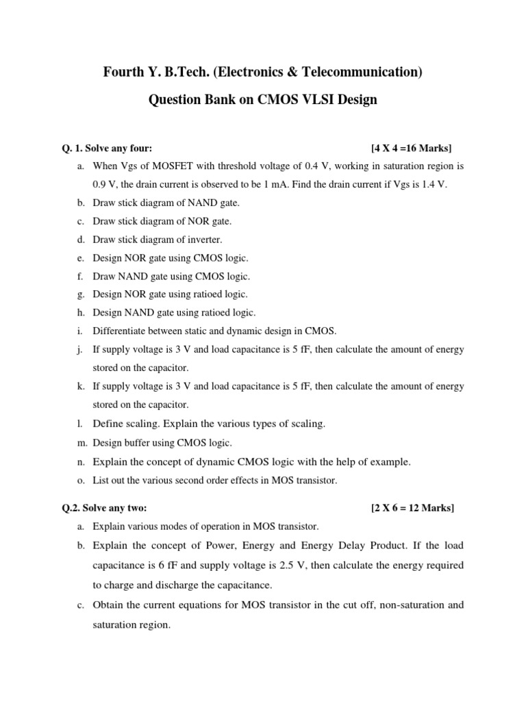 CMOS VLSI Design Question Bank | PDF | Cmos | Mosfet