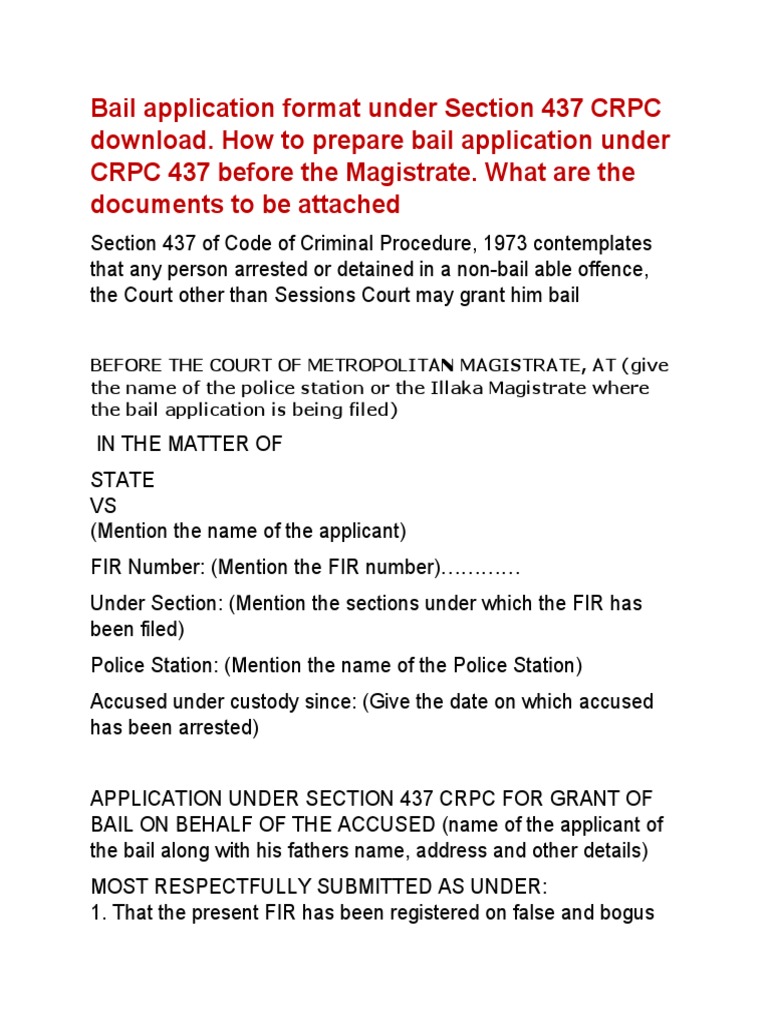 Bail application format under section 437 crpc pdf bail arrest