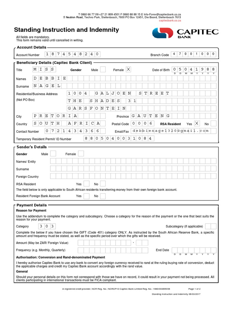 Standing Instruction and Indemnity Form PDF Securities (Finance) Debt