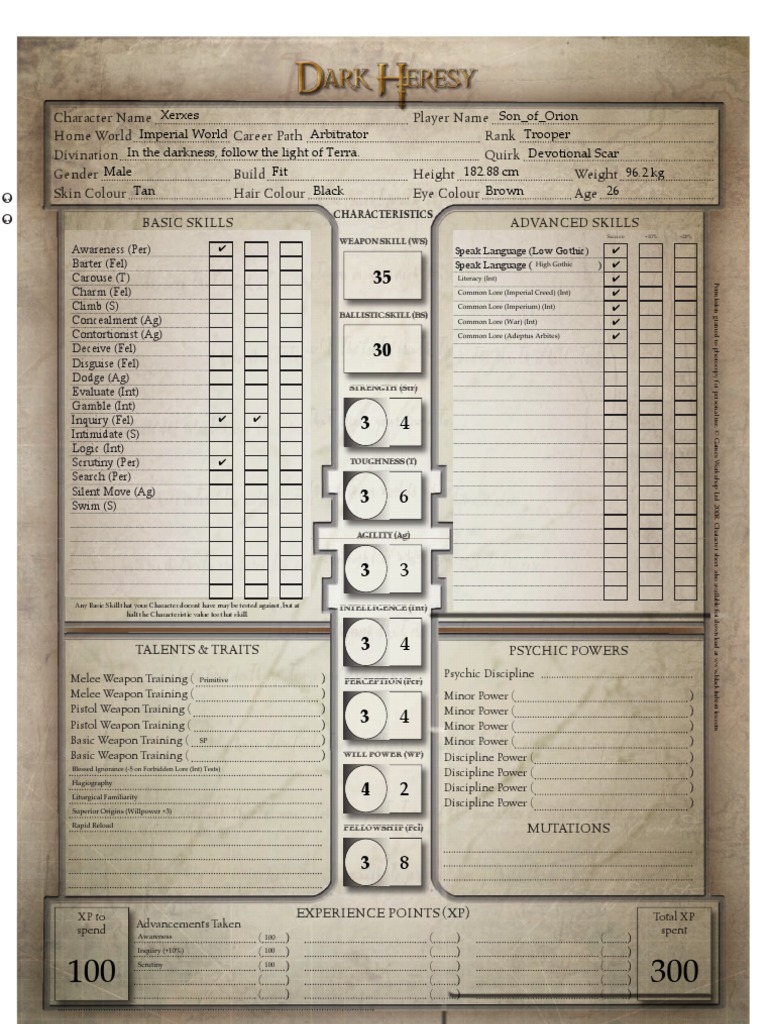 Dark Heresy - Character Sheet - Xerxes | Leisure