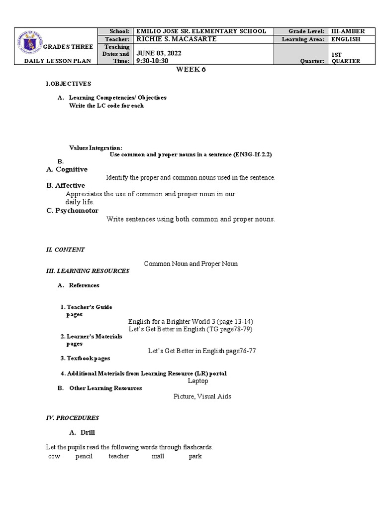 Grade 3 English Lesson: Nouns | PDF | Teachers | Linguistics