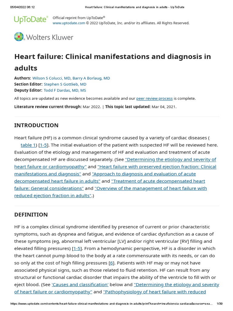 Heart Failure Clinical Manifestations and Diagnosis in Adults