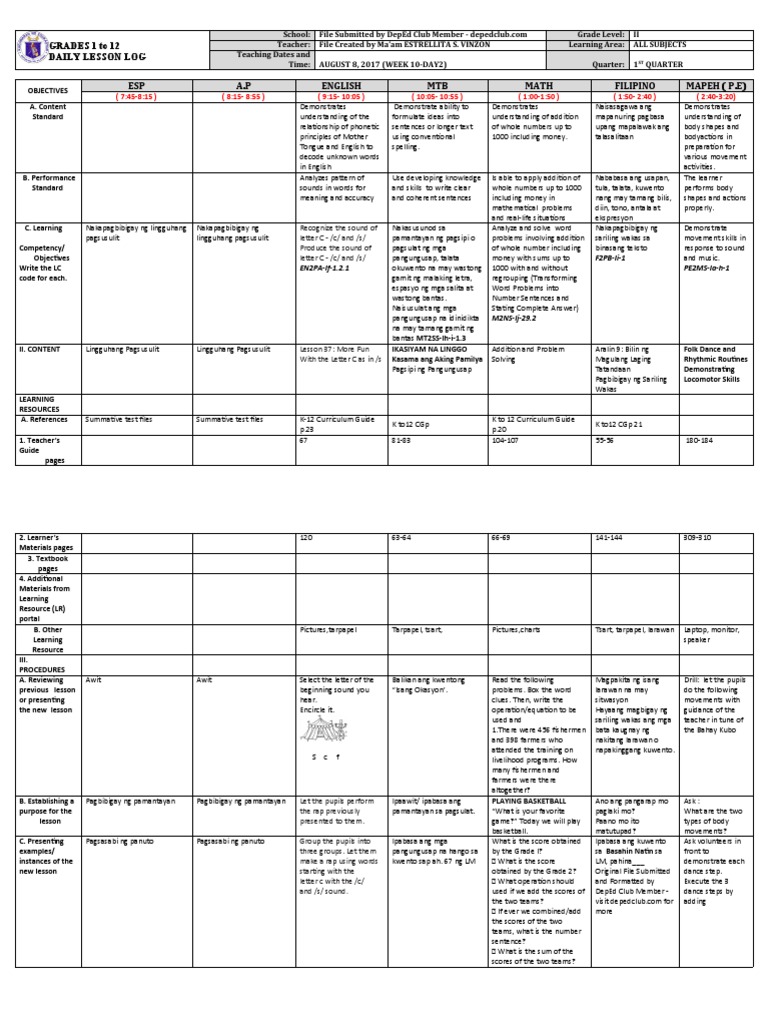 Grade 2 Daily Lesson Log Overview | PDF | Cognition