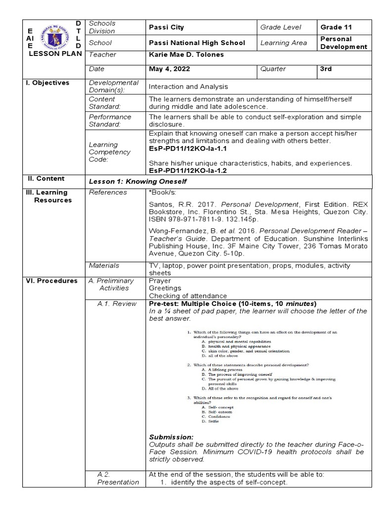 Perdev Q3 W1 Detailed Lesson Plan Pdf Self Learning