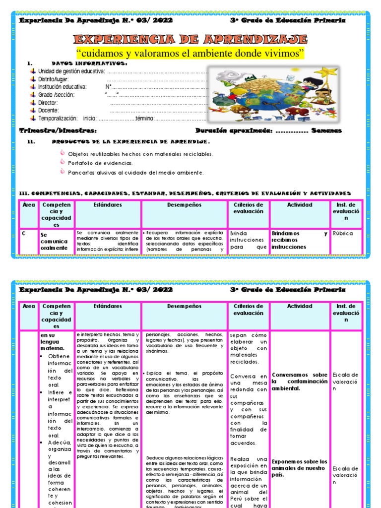 3 Grado Experiencia De Aprendizaje 3 Pdf Evaluación Aprendizaje