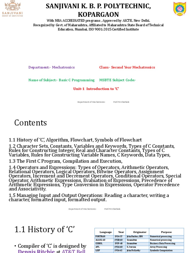 DepartmentMechatronics Name of Subject Basic C Programming MSBTE Subject Code PDF