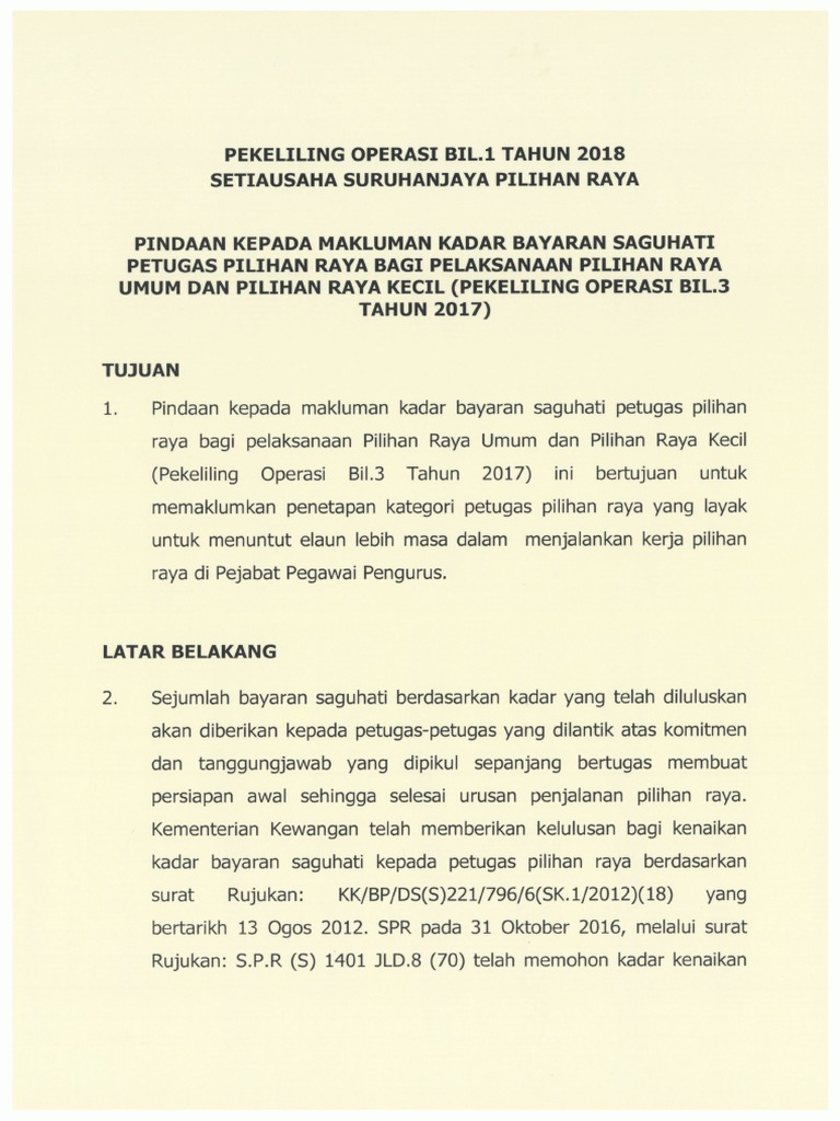 PEKELILING OPERASI SU Kadar Honorarium Saguhati Pru | PDF