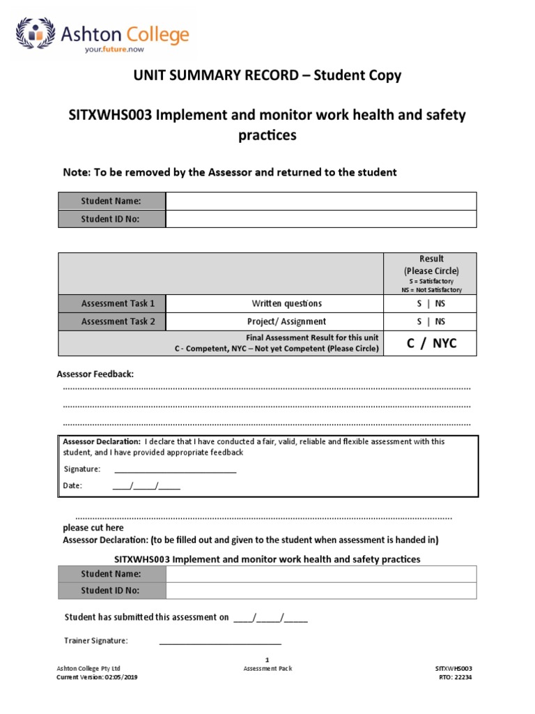 SITXWHS003 Assessment Pack v2 | PDF | Occupational Safety And Health ...