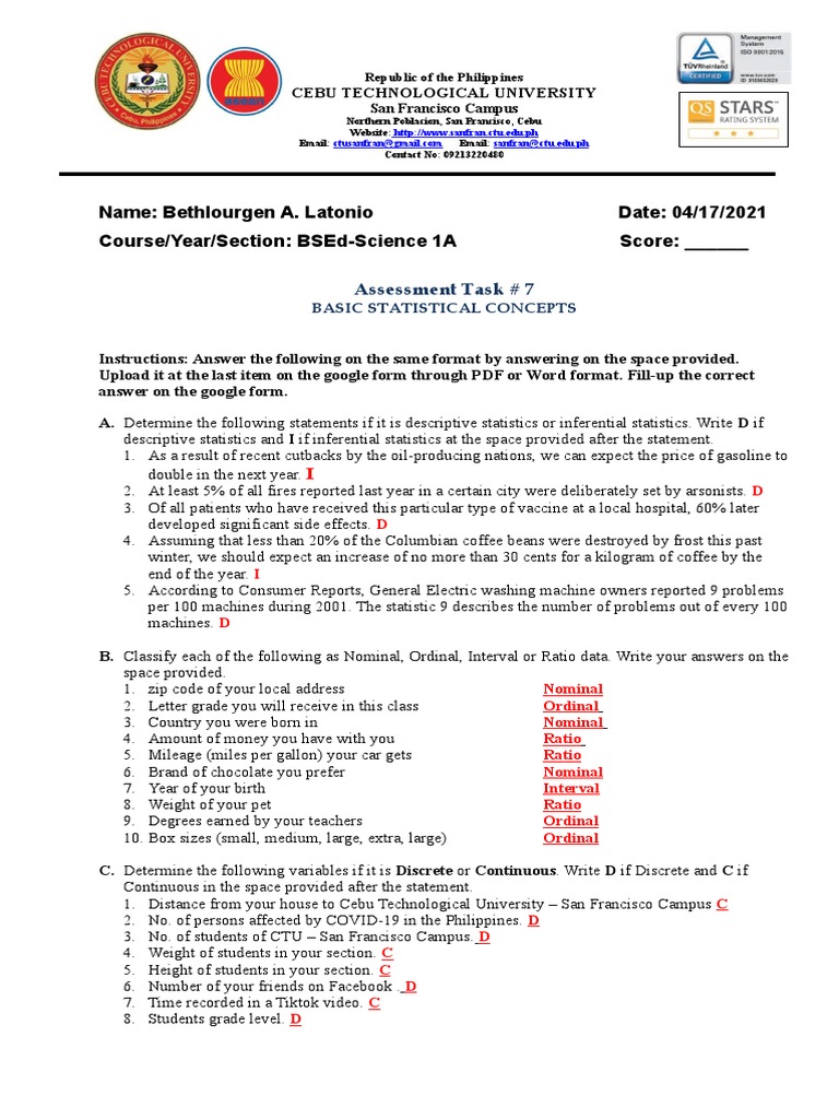 Assessment 7-BASIC-STATISTICAL-CONCEPTS | PDF | Statistics | Level Of ...