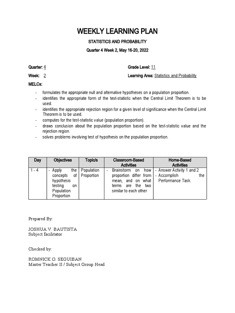 Weekly Learning Plan: Stats & Probability | PDF