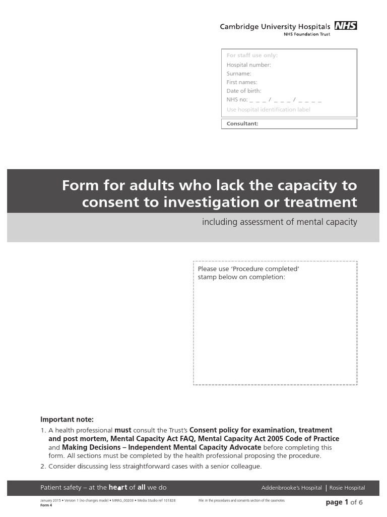 Mental Capacity Assessment Form | PDF | Patient | National Health Service