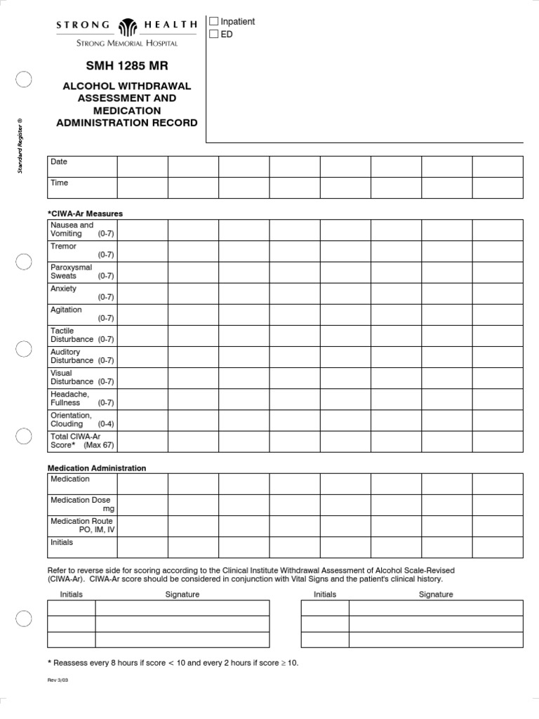 Alcohol Withdrawal Assessment Record | PDF | Hallucination | Nausea
