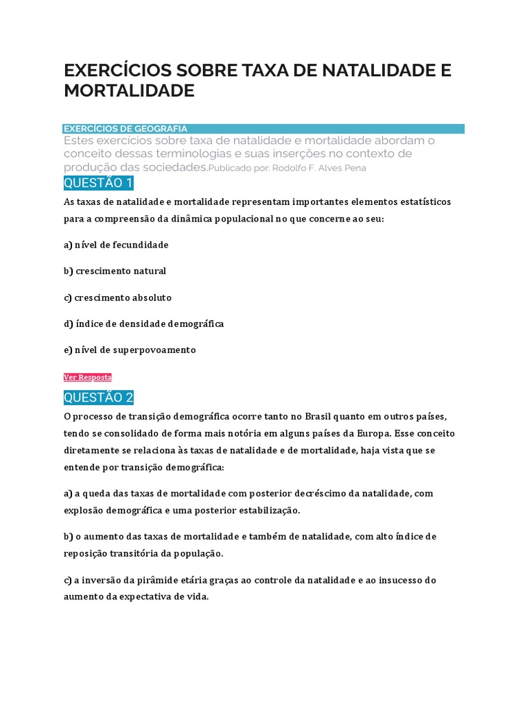 Exercícios Sobre Taxa de Natalidade e Mortalidade | PDF | Crescimento ...