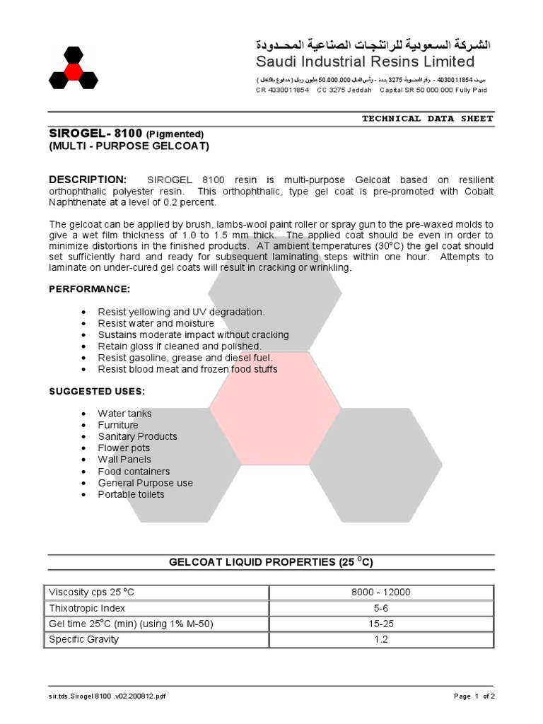 Saudi Industrial Resins Limited SIROGEL 8100 PDF Epoxy Materials