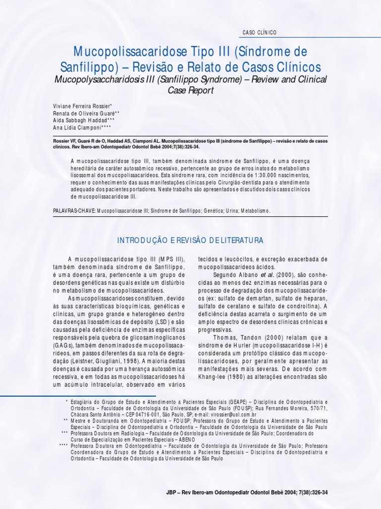 Mucopolissacaridose Tipo III Síndrome de Sanfilippo - Revisão e Relato ...