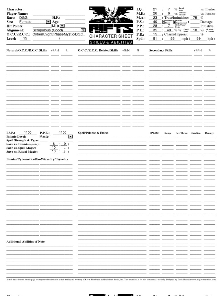 Rifts RPG Character Sheet Template | PDF | Role Playing Games | Leisure