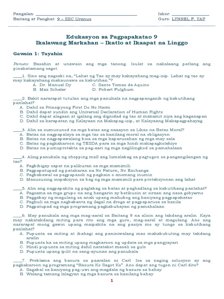 ESP 9 - Q2 - Week 3 Week 4 - Tayahin | PDF