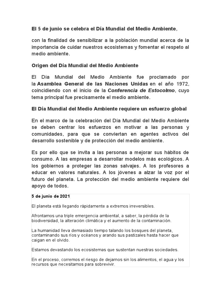 El 5 de Junio Se Celebra El Día Mundial Del Medio Ambiente | PDF ...