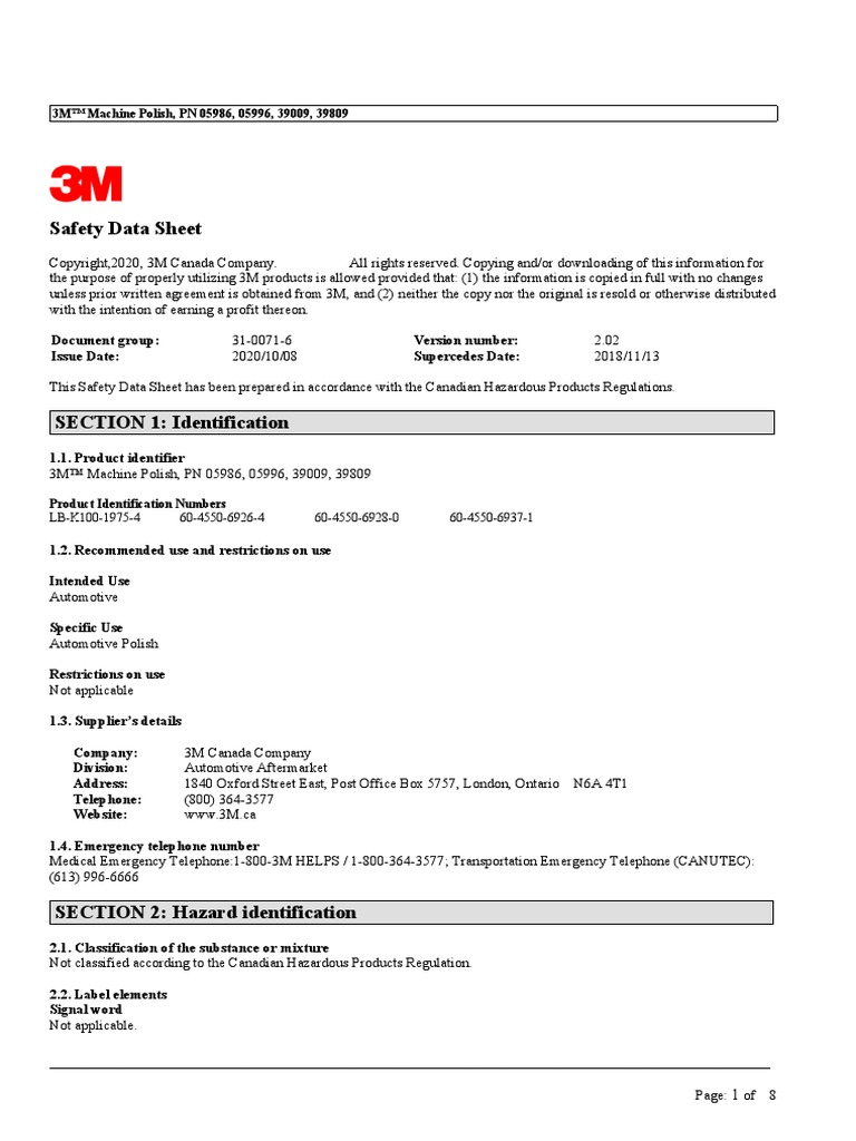 Safety Data Sheet 3M™ Machine Polish, PN 05986, 05996, 39009, 39809
