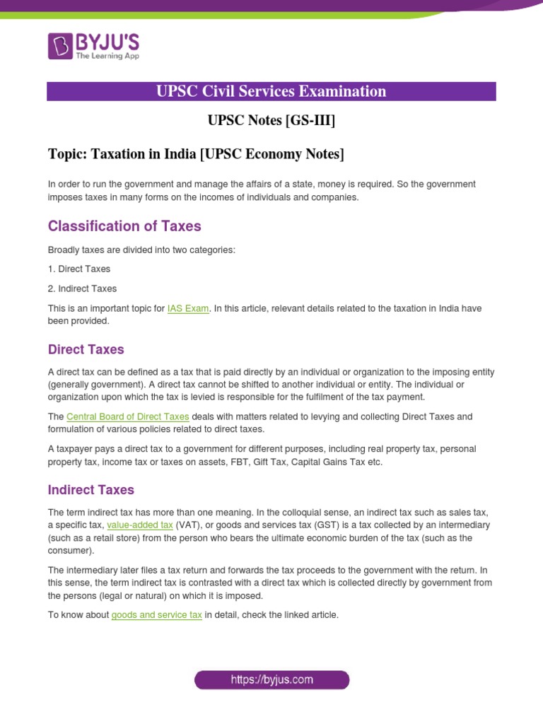 UPSC Civil Services Examination: UPSC Notes (GS-III) Topic: Taxation in ...