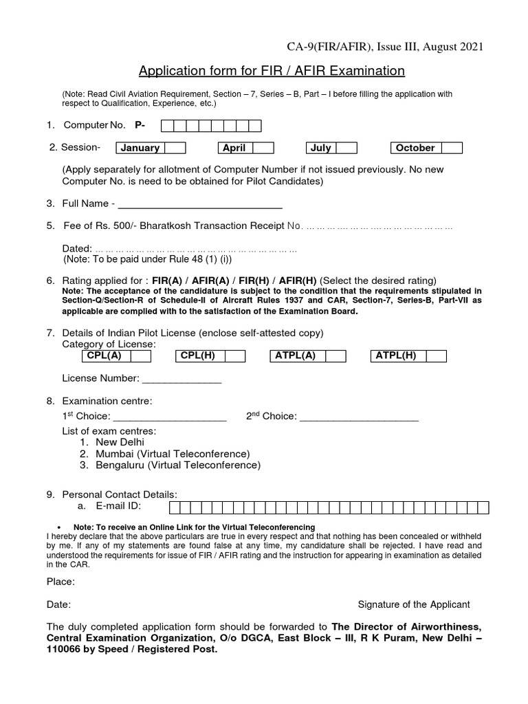 FIR/AFIR Examination Application Form | PDF | Flight Instructor | Aviation
