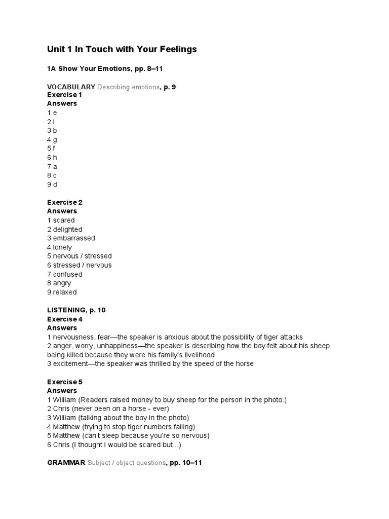 Unit 1 in Touch With Your Feelings: 1A Show Your Emotions, Pp. 8-11, P ...