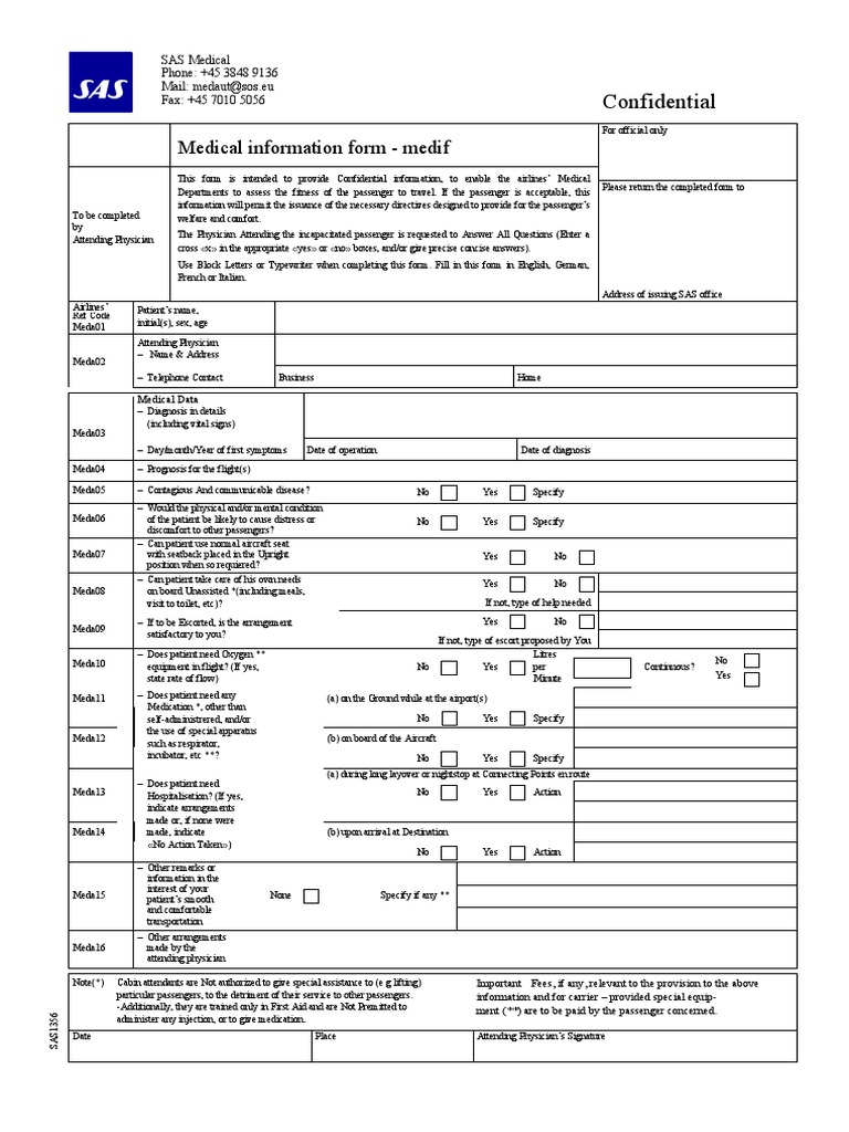 SAS Medical Information Form | PDF | Medicine | Airlines
