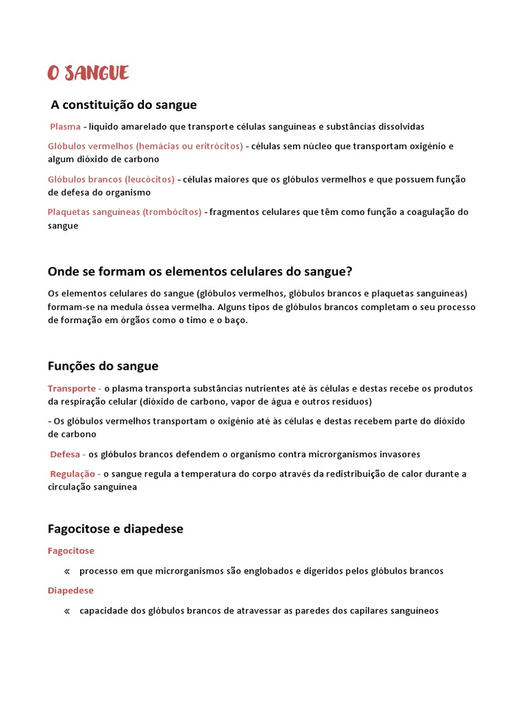 Ciências Resumo Sangue Linfa E Sistema Circulatório Pdf Coração