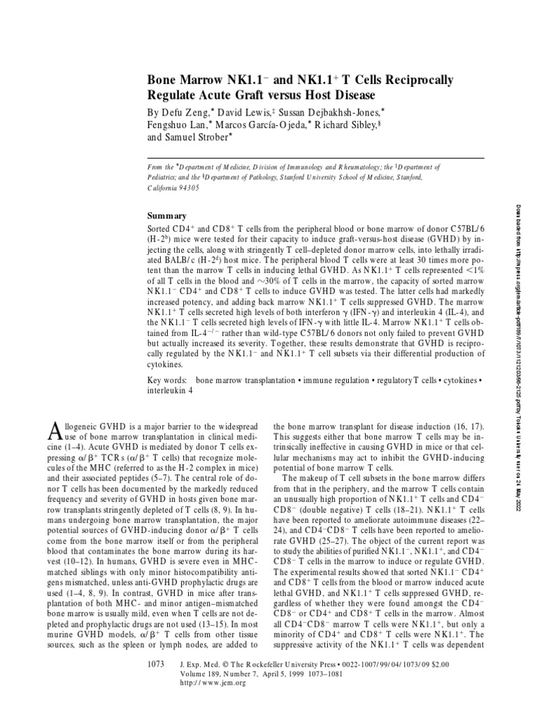 Bone Marrow NK1.1 and NK1.1+ T Cells Reciprocally Regulate Acute Graft