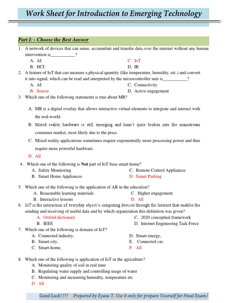 Introduction to Emerging Technology Quiz | PDF | Internet Of Things ...