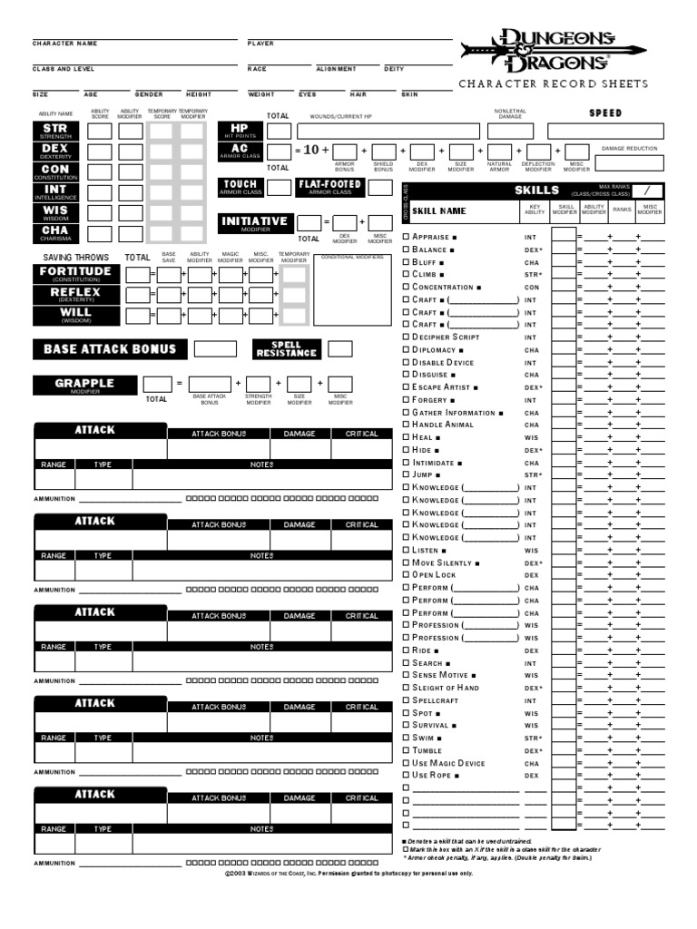 3.5 PHB Character Sheet PDF Leisure Activities Tsr Games
