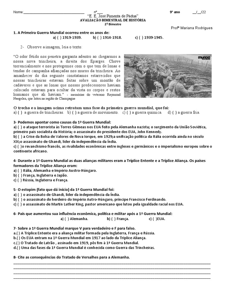 Avaliação sobre a Primeira Guerra Mundial | PDF | Primeira Guerra ...