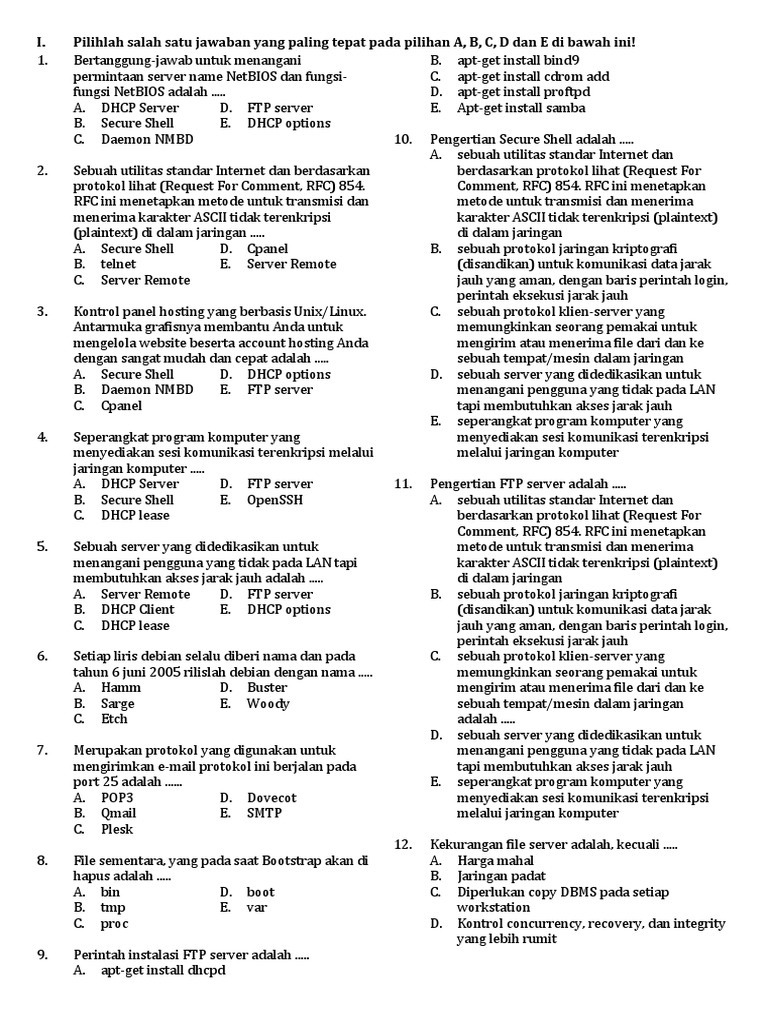 <p><strong>Contoh Soal ASJ Kelas 11 Semester 2: Persiapan Optimal</strong></p>
<p>” title=”</p>
<p><strong>Contoh Soal ASJ Kelas 11 Semester 2: Persiapan Optimal</strong></p>
<p>“></p>
<p>Bagian ini menguji pemahaman siswa tentang konsep dasar jaringan, seperti topologi jaringan, protokol jaringan, dan perangkat jaringan.</p>
<ul>
<li>
<p><strong>Soal 1:</strong> Jelaskan perbedaan antara topologi jaringan star, bus, dan ring. Berikan contoh penerapan masing-masing topologi dalam jaringan nyata.</p>
<ul>
<li><strong>Pembahasan:</strong>
<ul>
<li><strong>Topologi Star:</strong> Semua perangkat terhubung ke sebuah hub atau switch pusat. Keuntungan: mudah dikelola, jika satu perangkat gagal, jaringan lain tetap berfungsi. Kerugian: jika hub/switch pusat gagal, seluruh jaringan terhenti. Contoh: Jaringan komputer di kantor dengan switch sebagai pusatnya.</li>
<li><strong>Topologi Bus:</strong> Semua perangkat terhubung ke sebuah kabel tunggal (backbone). Keuntungan: sederhana dan murah. Kerugian: jika kabel utama putus, seluruh jaringan terhenti, sulit mendeteksi masalah. Contoh: Jaringan kecil dengan sedikit komputer.</li>
<li><strong>Topologi Ring:</strong> Setiap perangkat terhubung ke dua perangkat lainnya, membentuk lingkaran. Keuntungan: tidak ada tabrakan data. Kerugian: jika satu perangkat gagal, seluruh jaringan terhenti, sulit menambah perangkat baru. Contoh: Jaringan token ring (sudah jarang digunakan).</li>
</ul>
</li>
</ul>
</li>
<li>
<p><strong>Soal 2:</strong> Apa yang dimaksud dengan protokol TCP/IP? Jelaskan fungsi dari masing-masing layer dalam model TCP/IP.</p>
<ul>
<li><strong>Pembahasan:</strong>
<ul>
<li>TCP/IP (Transmission Control Protocol/Internet Protocol) adalah sekumpulan protokol komunikasi yang digunakan untuk menghubungkan perangkat di internet dan jaringan lokal. Model TCP/IP terdiri dari empat layer:
<ul>
<li><strong>Application Layer:</strong> Menyediakan antarmuka untuk aplikasi jaringan (contoh: HTTP, FTP, SMTP).</li>
<li><strong>Transport Layer:</strong> Menyediakan komunikasi data yang handal antara dua host (contoh: TCP, UDP).</li>
<li><strong>Internet Layer:</strong> Bertanggung jawab untuk pengalamatan dan routing paket data (contoh: IP).</li>
<li><strong>Network Access Layer:</strong> Mengatur akses ke media fisik jaringan (contoh: Ethernet, Wi-Fi).</li>
</ul>
</li>
</ul>
</li>
</ul>
</li>
<li>
<p><strong>Soal 3:</strong> Sebutkan dan jelaskan fungsi dari beberapa perangkat jaringan seperti router, switch, hub, dan modem.</p>
<ul>
<li><strong>Pembahasan:</strong>
<ul>
<li><strong>Router:</strong> Menghubungkan dua atau lebih jaringan IP yang berbeda dan merutekan paket data antar jaringan.</li>
<li><strong>Switch:</strong> Menghubungkan perangkat dalam satu jaringan lokal (LAN) dan meneruskan data hanya ke perangkat yang dituju.</li>
<li><strong>Hub:</strong> Menghubungkan perangkat dalam satu jaringan lokal (LAN), tetapi mengirimkan data ke semua perangkat yang terhubung (broadcasting).</li>
<li><strong>Modem:</strong> Mengubah sinyal digital dari komputer menjadi sinyal analog yang dapat dikirim melalui saluran telepon atau kabel, dan sebaliknya.</li>
</ul>
</li>
</ul>
</li>
</ul>
<div style=