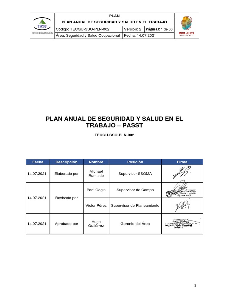 Plan Anual de Seguridad y Salud en El Trabajo - Tecgu E.I.R.L | PDF ...