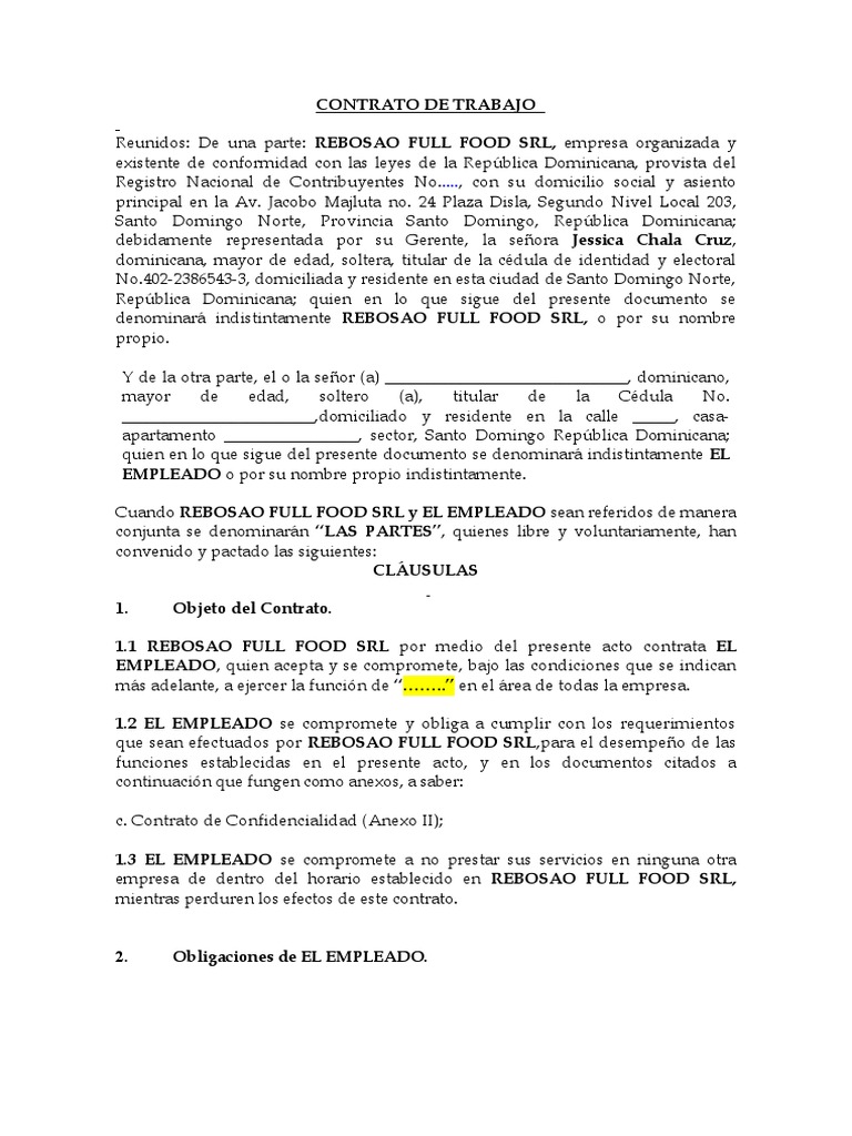 Contrato De Trabajo Pdf República Dominicana Propiedad Intelectual