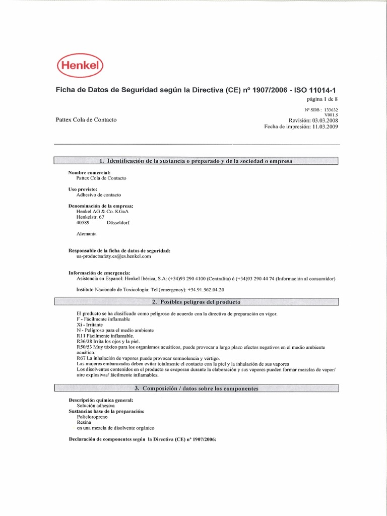 CONTACT ADHESIVE PATTEX KRAFTKLEBER 52910098 UN1133III Es