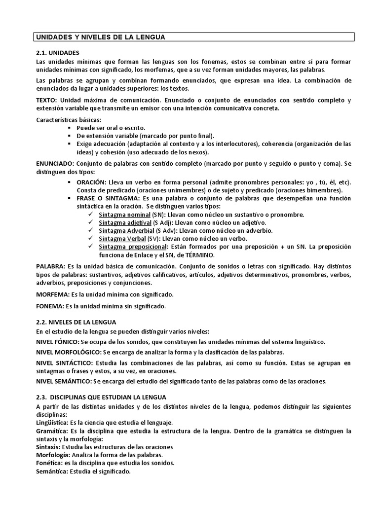 Unidades y Niveles de la Lengua | PDF | Palabra | Oración (Lingüística)