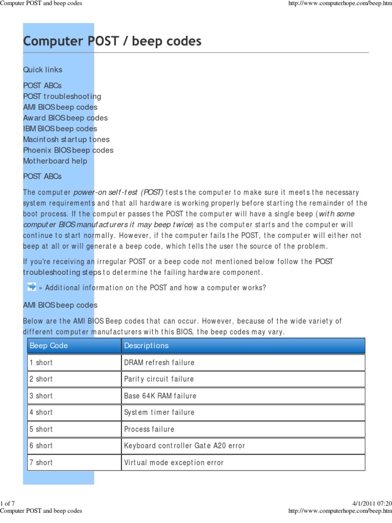 Computer POST and Beep Codes Bios Booting
